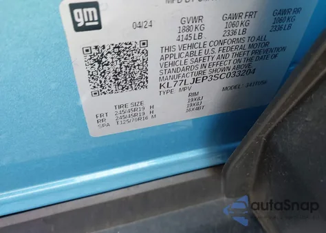 2025 Chevrolet Trax Fwd 2Rs z USA, uszkodzony, nr VIN KL77LJEP3SC033204